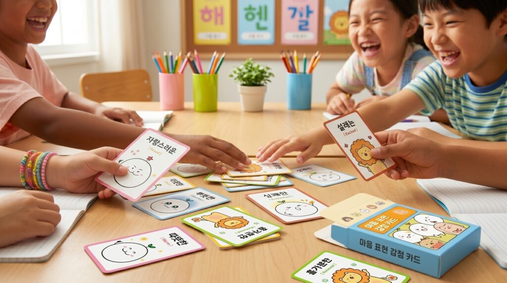 아이들이 웃으며 게임하듯 카드를 가지고