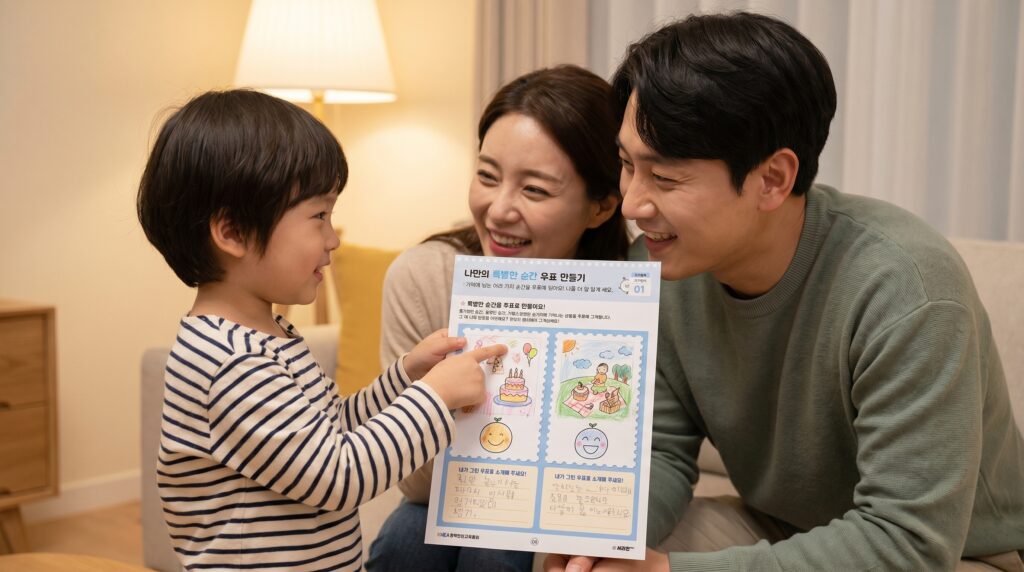 아이가 완성한 우표 활동지를 부모에게