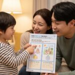 아이가 완성한 우표 활동지를 부모에게