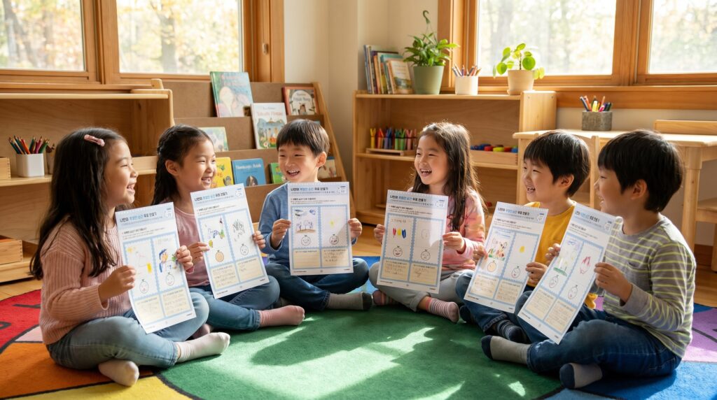 여러 아이들이 원형으로 앉아 서로가